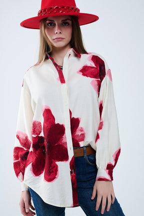 Q2 Camicia rilassata beige con stampa a fiori tropicali rossi in rosso
