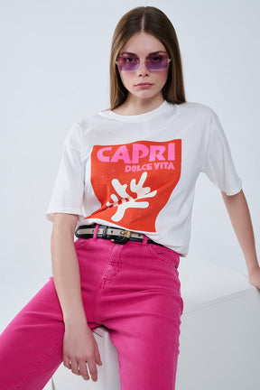 Q2 Capri La Dolce Vita - T-shirt bianca con stampa grafica