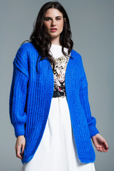 Q2 Cardigan a costine con maniche a 3/4 in blu royal