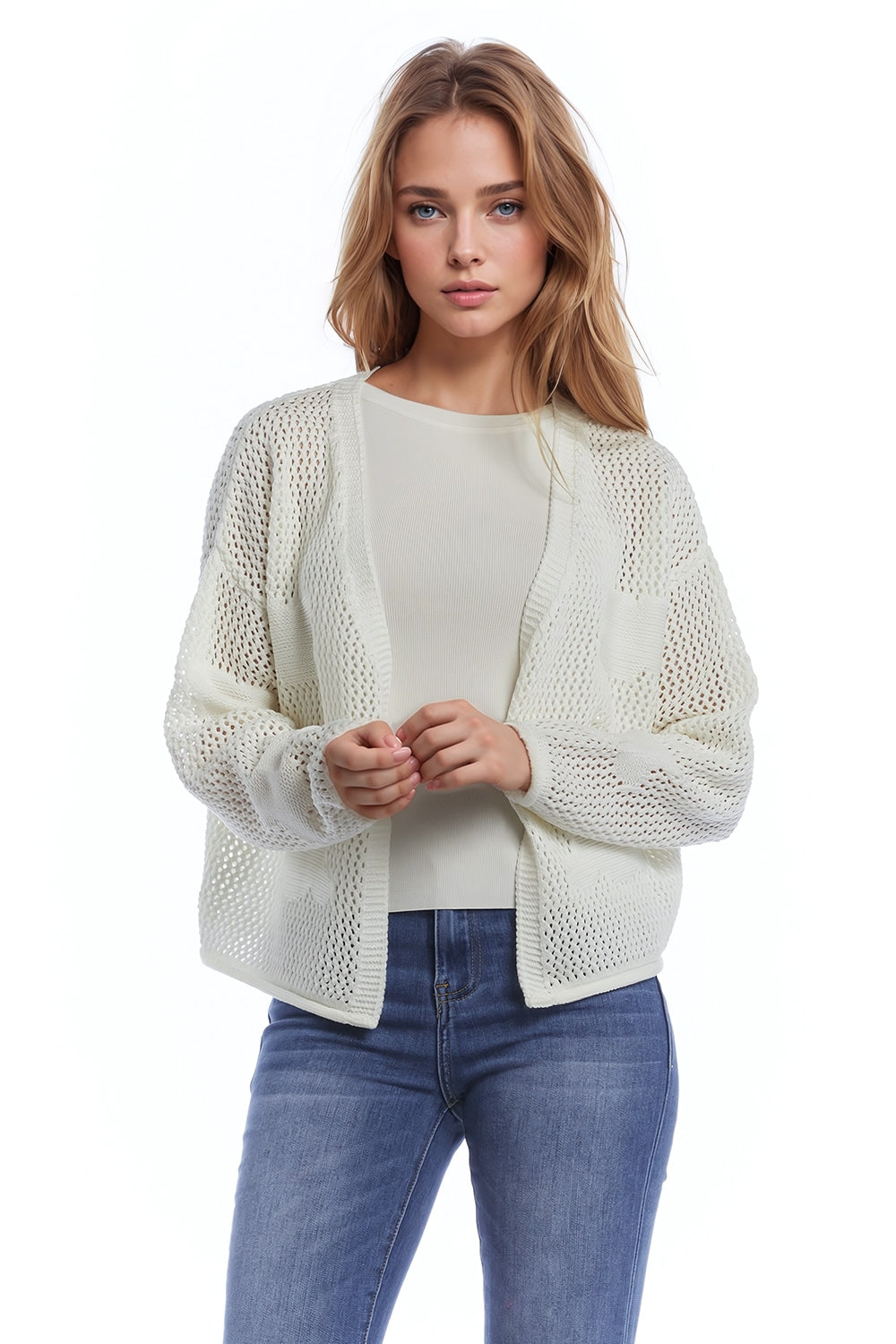 Q2 Cardigan all'uncinetto con nuvole lavorate a maglia in bianco