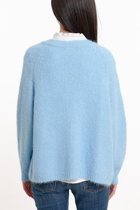 Cardigan aperto in maglia morbida e rilassata di colore blu baby con bordi e polsini a coste