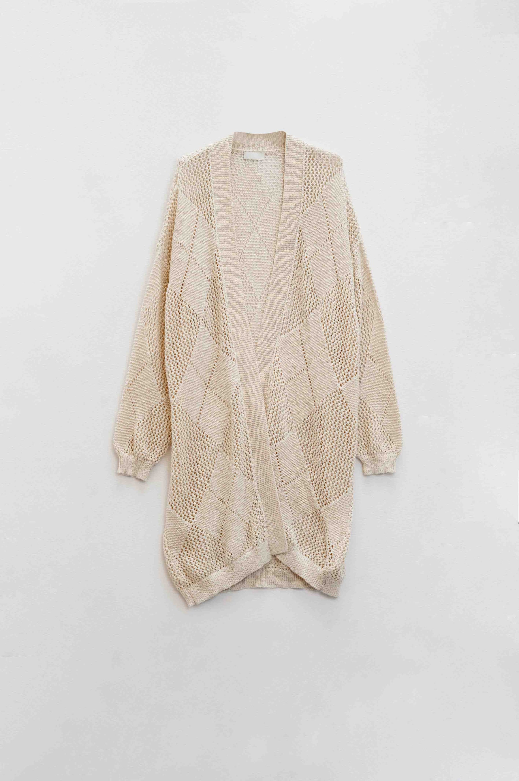 Cardigan beige drappeggiato con disegno all'uncinetto