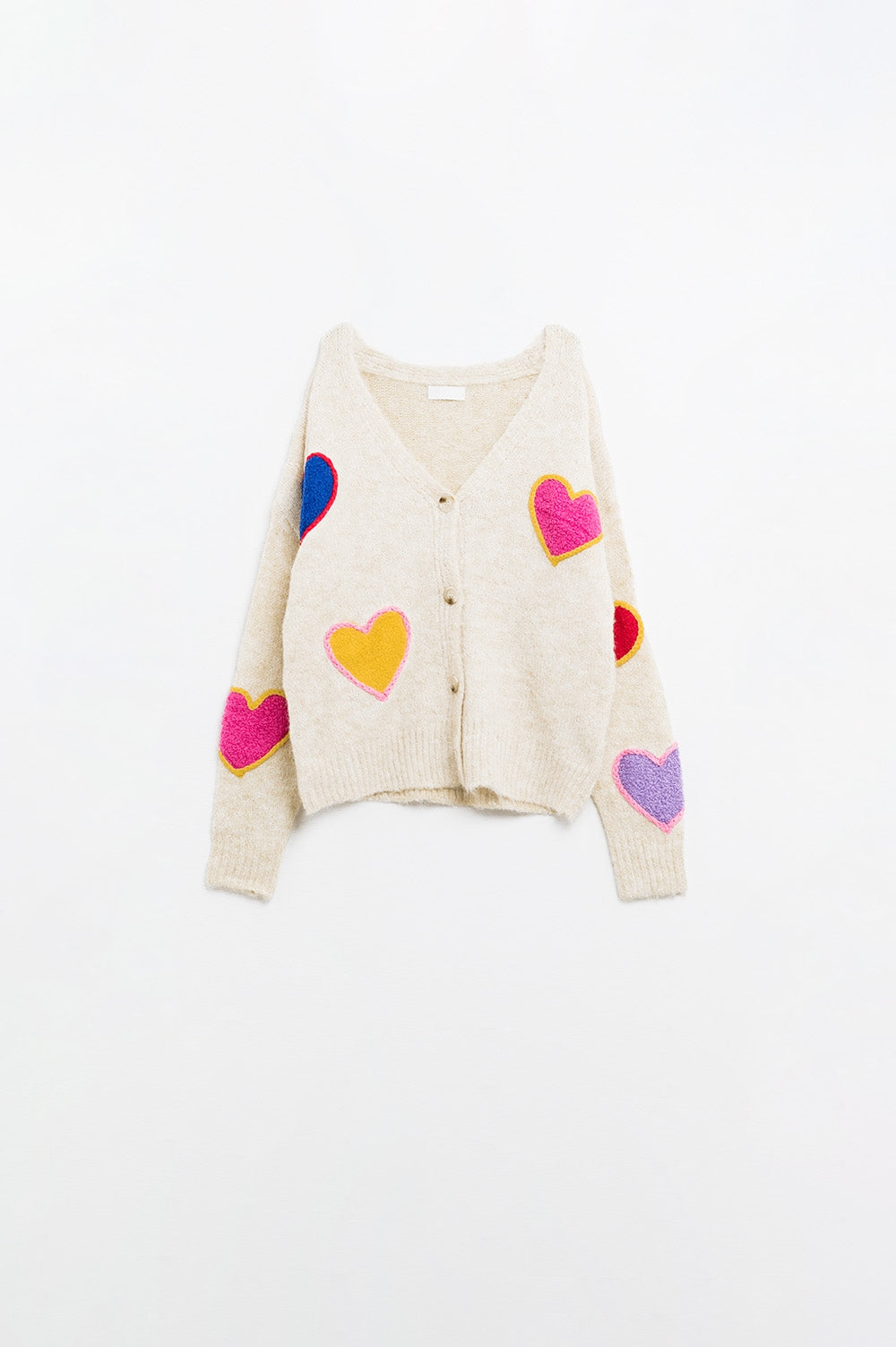 Cardigan beige in maglia con cuori ricamati