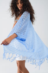 Q2 Cardigan blu aperto con frange e maniche a 3/4