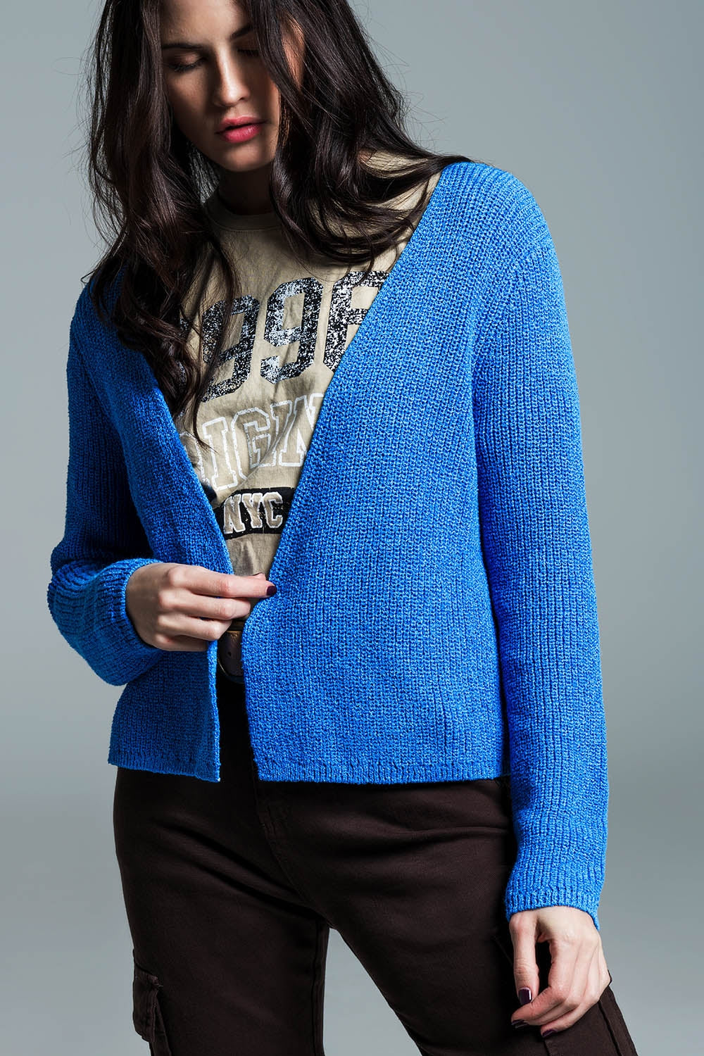 Cardigan blu aperto in maglia leggera aperta