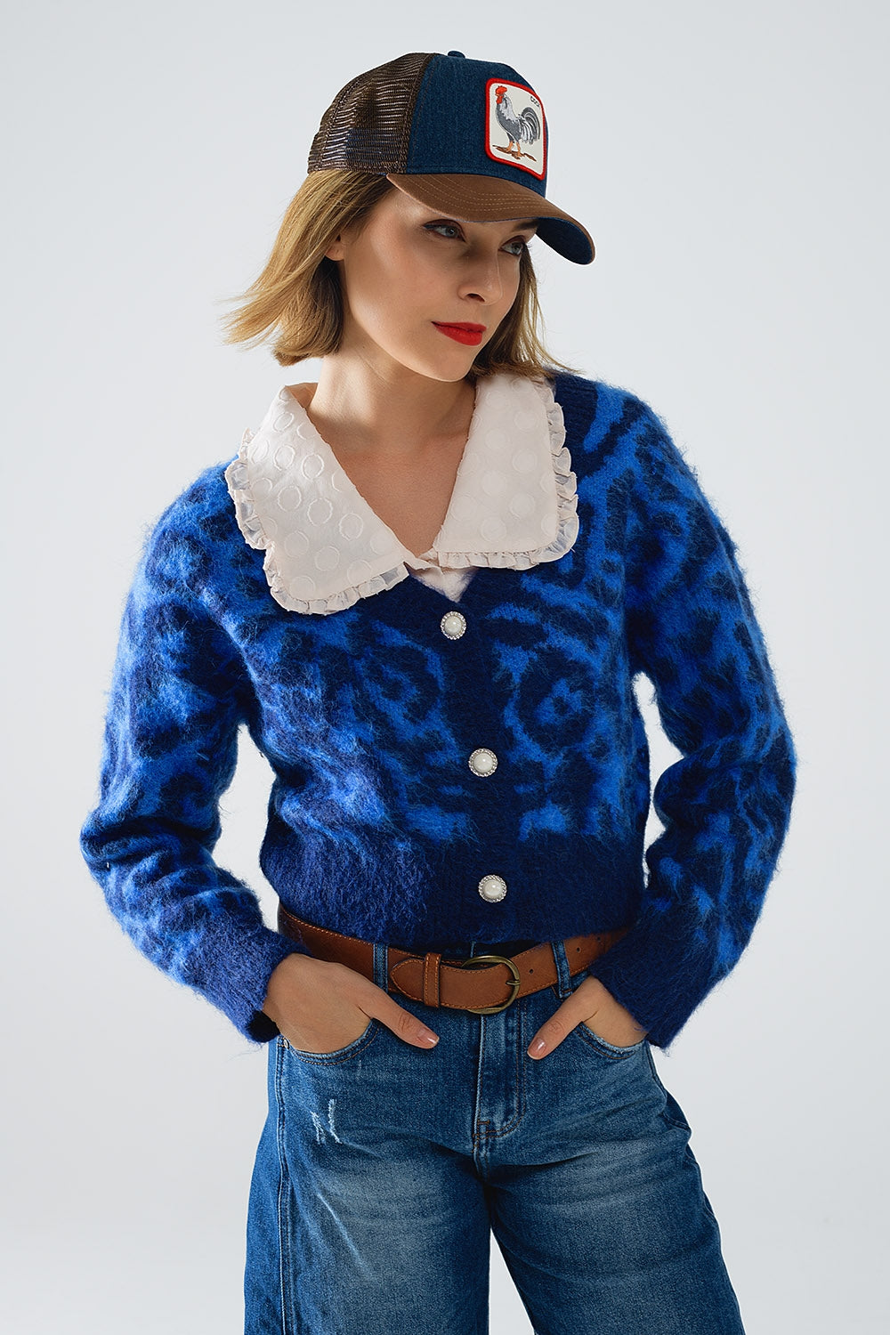 Q2 cardigan blu con stampa leopardata in tessuto lavorato a maglia con lana