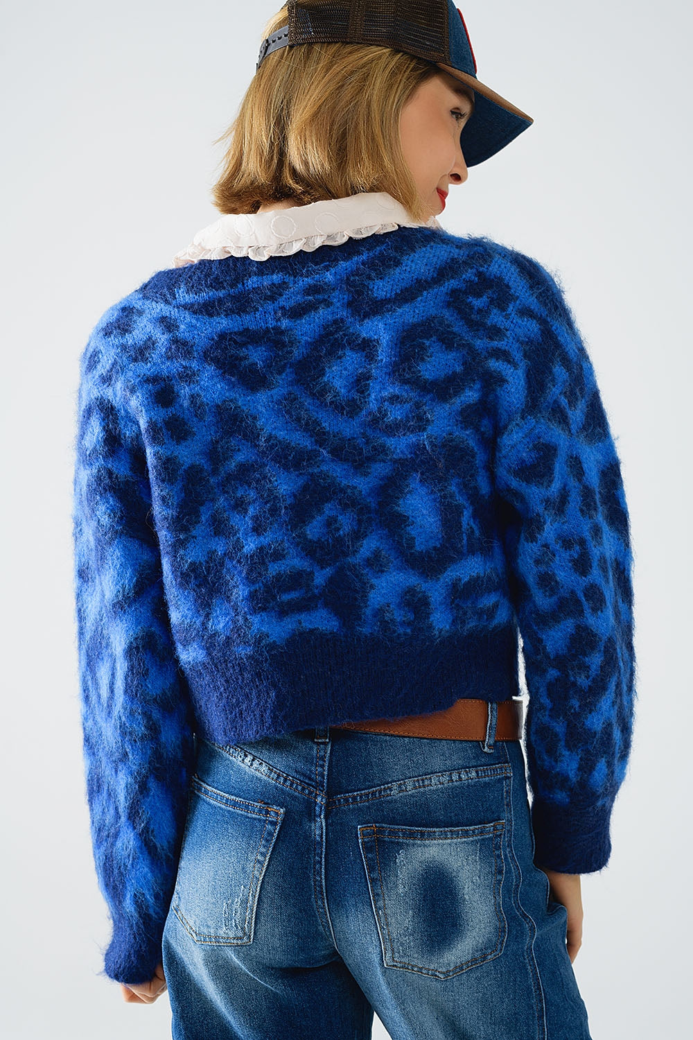 cardigan blu con stampa leopardata in tessuto lavorato a maglia con lana