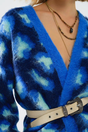 Cardigan blu con stampa leopardo e lana