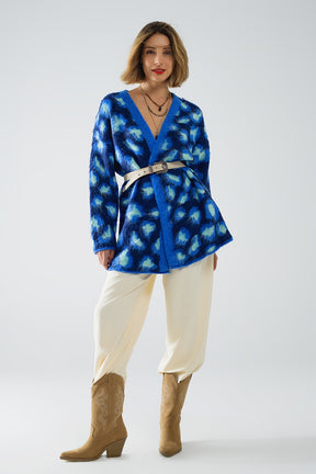 Cardigan blu con stampa leopardo e lana