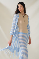 Q2 Cardigan blu in stile bohémien con maglia a righe e frange