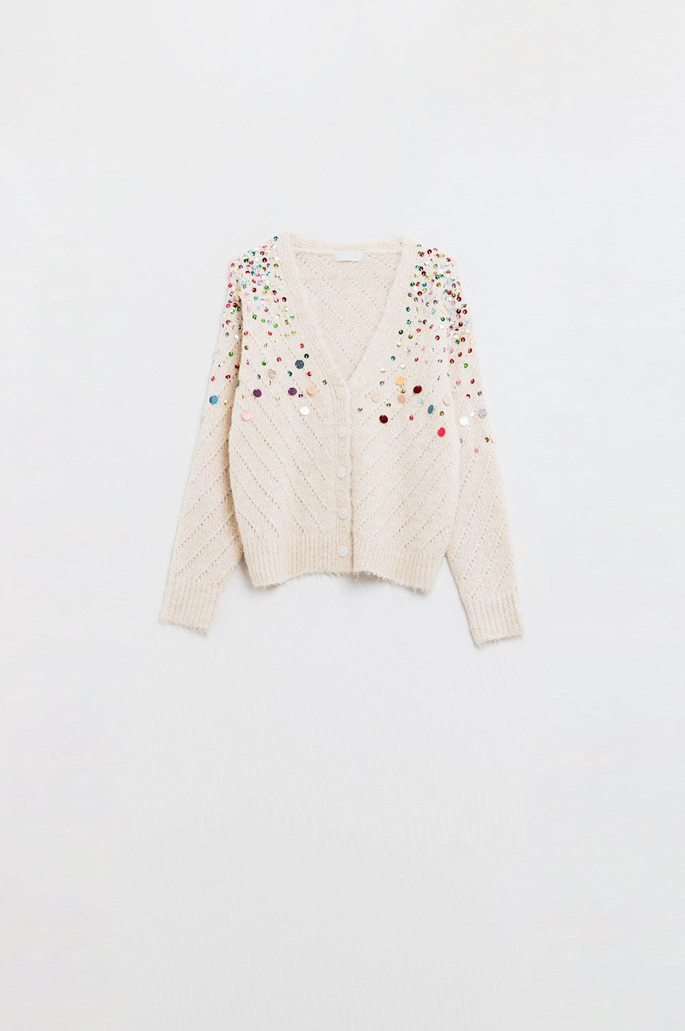 Q2 Cardigan con scollo a V e ricamo di paillettes multicolore in beige