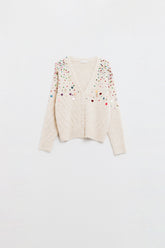 Q2 Cardigan con scollo a V e ricamo di paillettes multicolore in beige