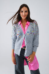 Q2 Cardigan con scollo a V e ricamo di paillettes multicolore in grigio