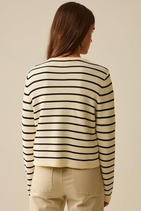 Cardigan crema con strisce nere e bottoni dorati