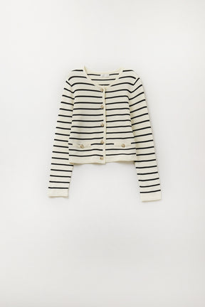 Cardigan crema con strisce nere e bottoni dorati