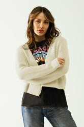 Q2 Cardigan cropped a costine leggere con scollo a V in crema