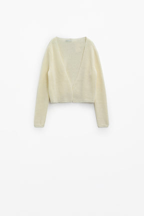 Cardigan cropped a costine leggere con scollo a V in crema