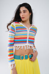 Q2 Cardigan cropped all'uncinetto a righe multicolore