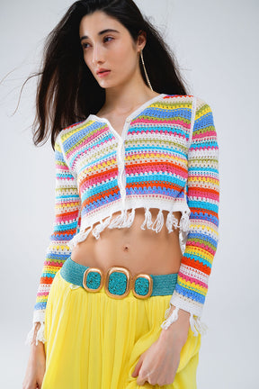 Cardigan cropped all'uncinetto a righe multicolore