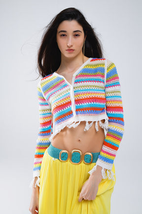 Cardigan cropped all'uncinetto a righe multicolore