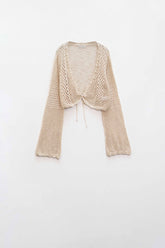 Q2 Cardigan cropped in beige con chiusura a cravatta