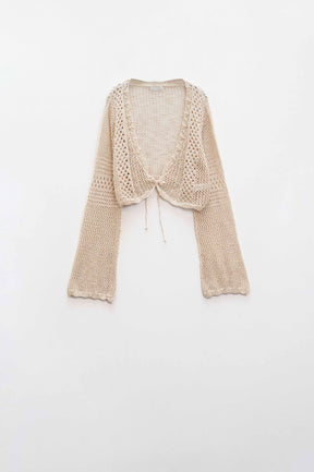 Q2 Cardigan cropped in beige con chiusura a cravatta
