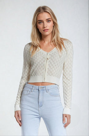 Q2 Cardigan cropped in beige con stampa argyle