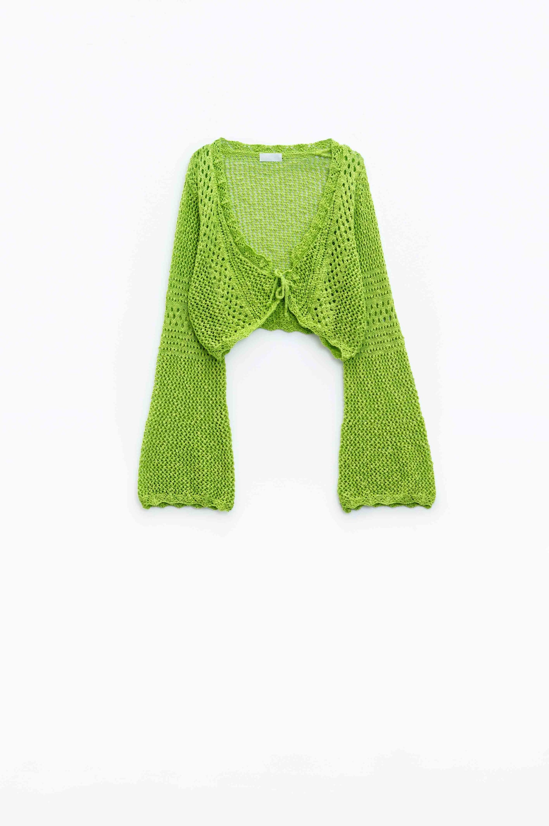 Q2 Cardigan cropped in lime con chiusura a cravatta