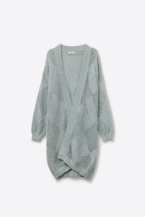 Q2 Cardigan drappeggiato blu pallido con disegno all'uncinetto
