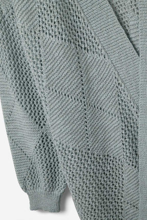 Cardigan drappeggiato blu pallido con disegno all'uncinetto