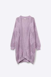 Q2 Cardigan drappeggiato color lavanda con disegno all'uncinetto