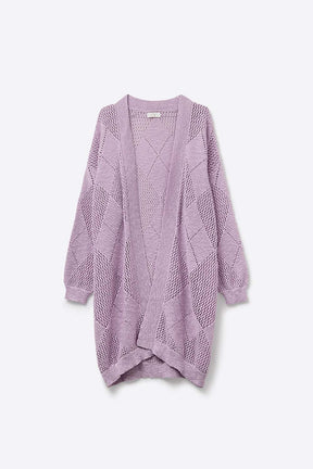 Q2 Cardigan drappeggiato color lavanda con disegno all'uncinetto