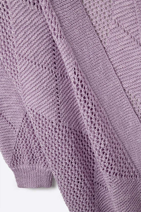Cardigan drappeggiato color lavanda con disegno all'uncinetto