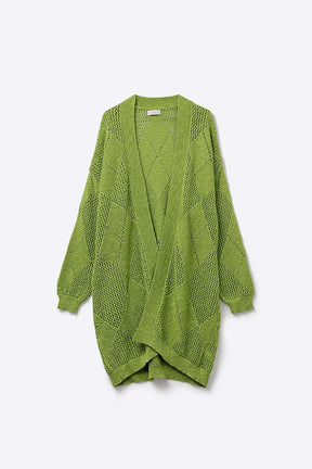 Q2 Cardigan drappeggiato verde lime con disegno all'uncinetto