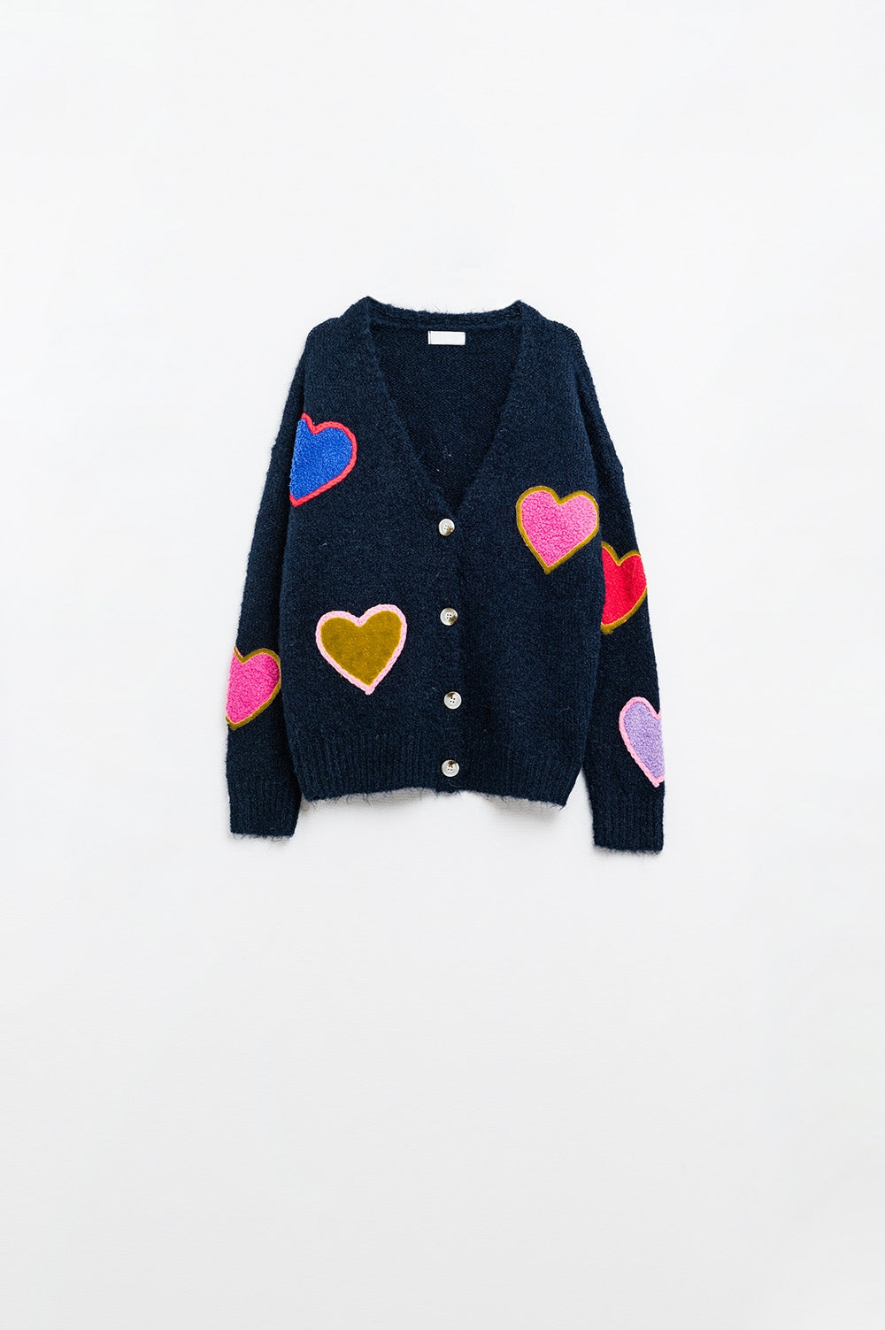 Q2 Cardigan in maglia blu navy con cuori ricamati