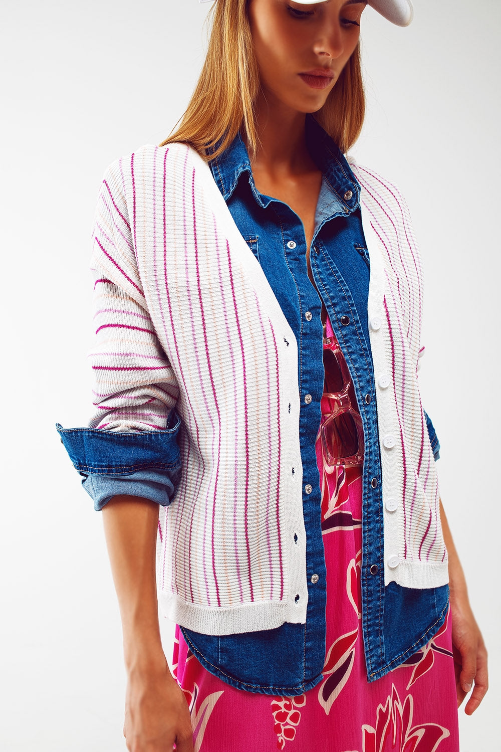 Cardigan in maglia leggera a righe rosa