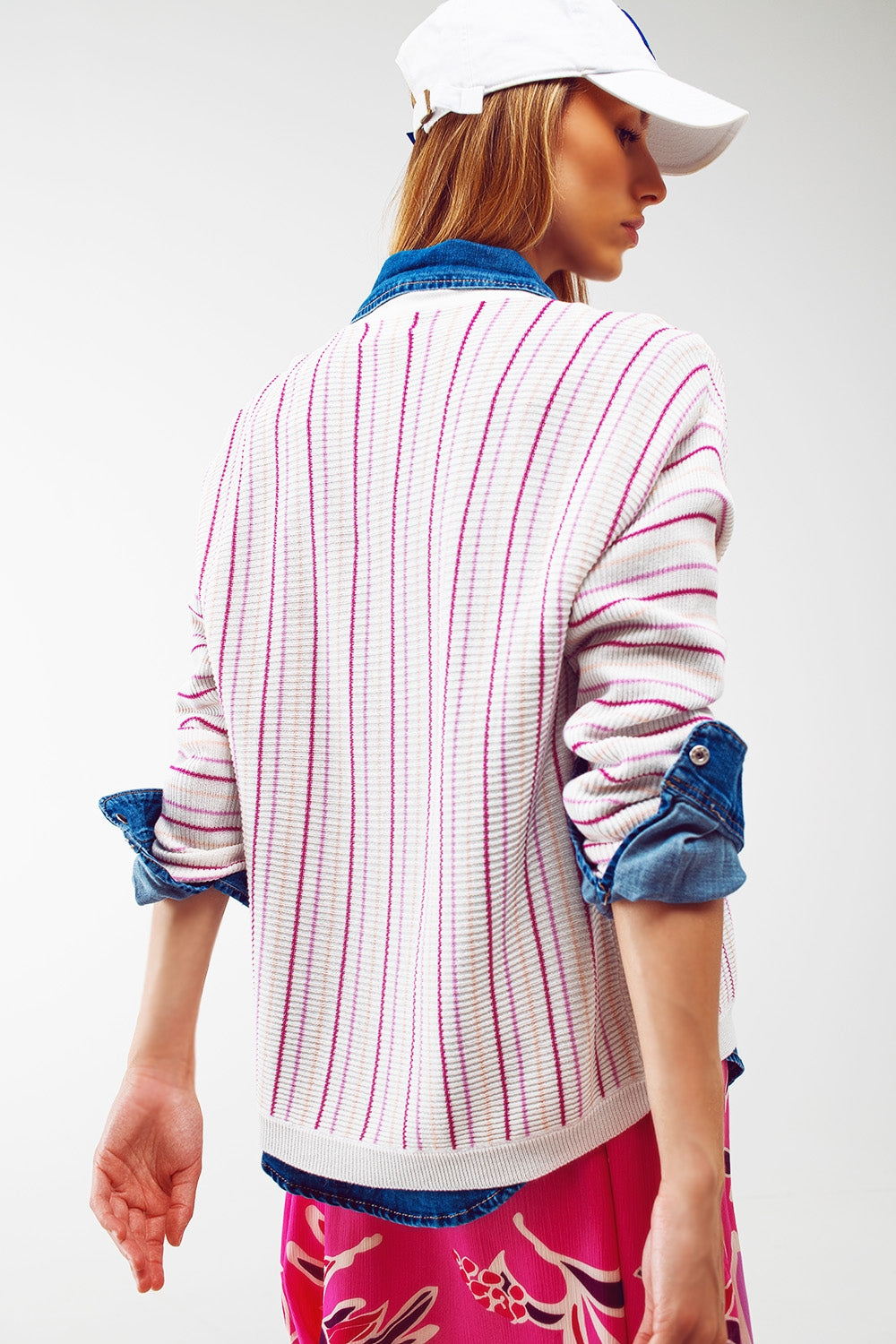 Cardigan in maglia leggera a righe rosa