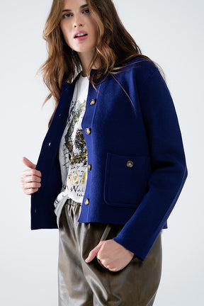 Q2 Cardigan in maglia morbida blu inchiostro con tasche anteriori