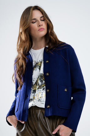 Cardigan in maglia morbida blu inchiostro con tasche anteriori