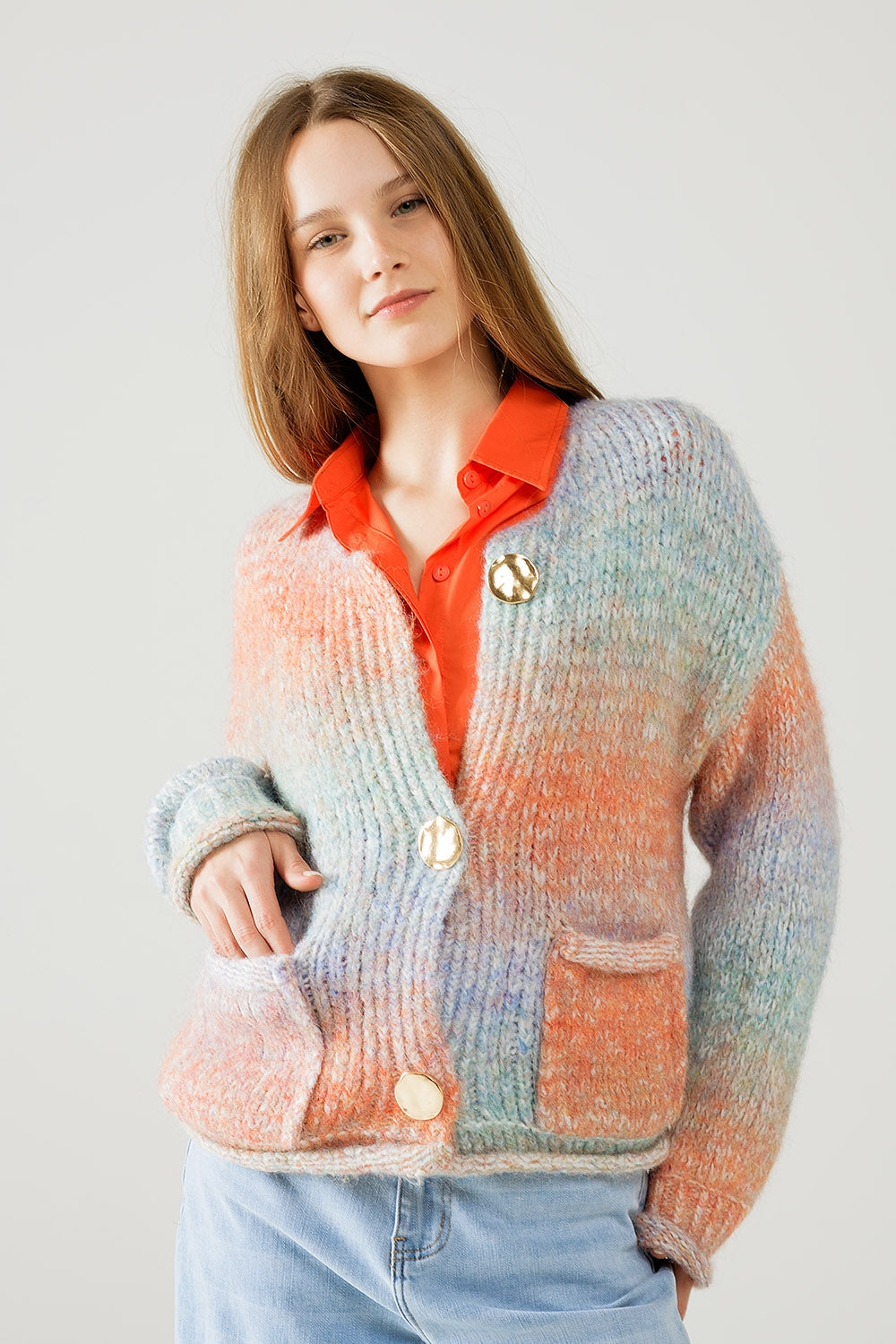 Q2 Cardigan in maglia multicolore con 3 bottoni dorati