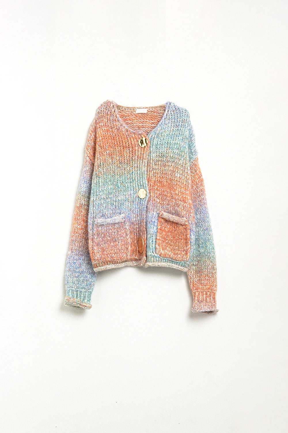 Cardigan in maglia multicolore con 3 bottoni dorati