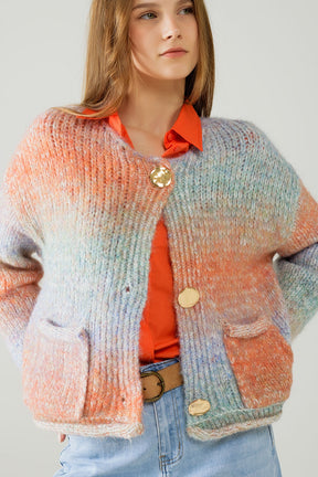 Cardigan in maglia multicolore con 3 bottoni dorati