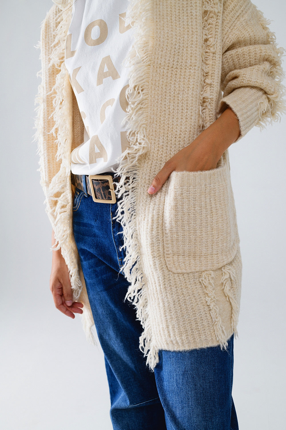 Cardigan invecchiato Boho ecru con tasche frontali