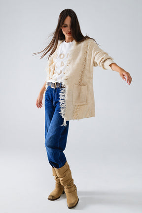 Cardigan invecchiato Boho ecru con tasche frontali