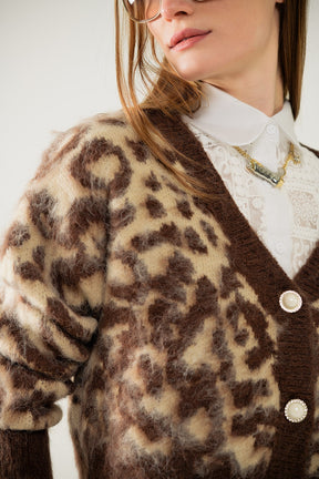 cardigan leopardato in lana beige