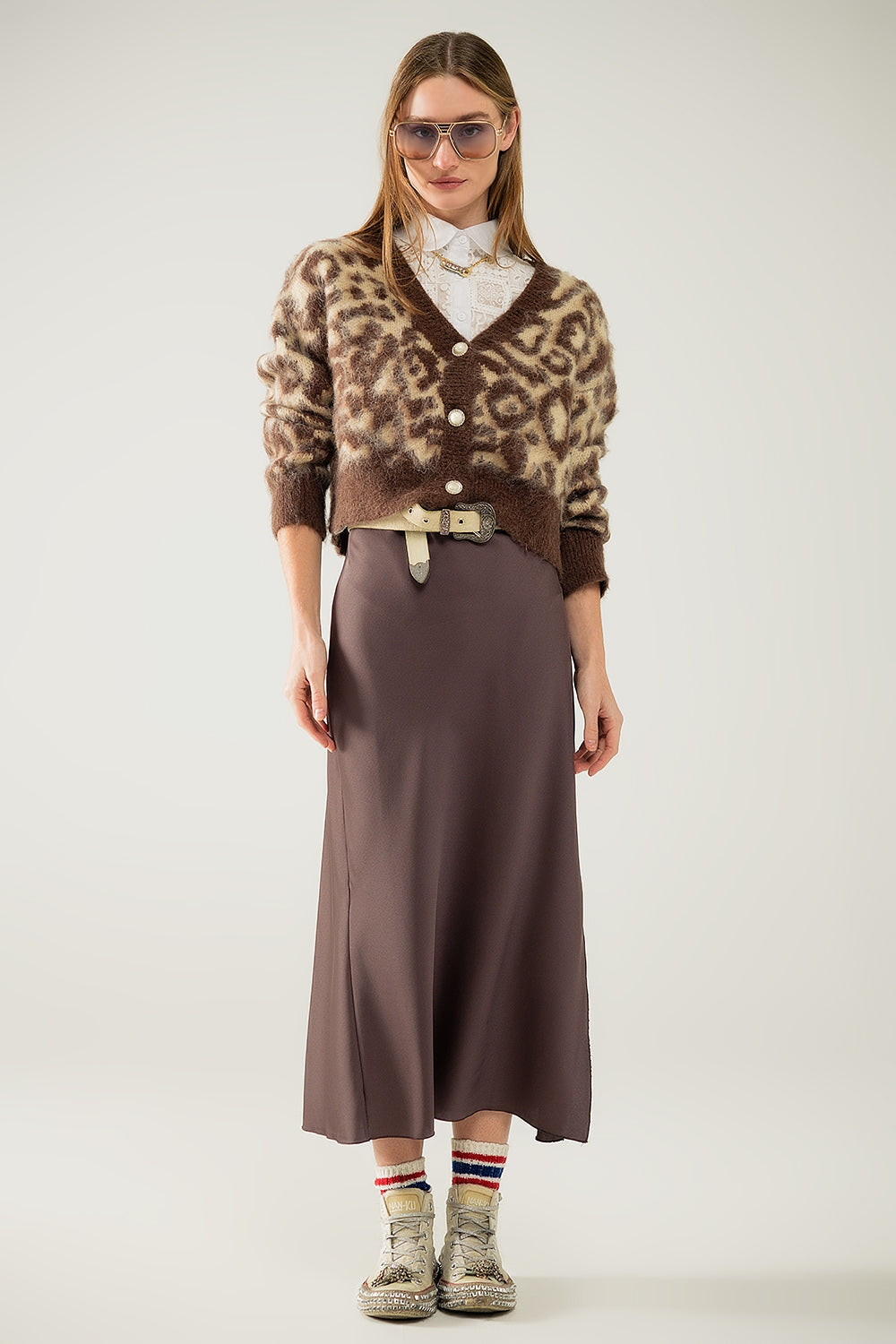 cardigan leopardato in lana beige