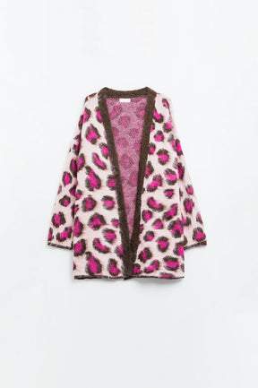 Q2 Cardigan leopardato rosa con lana