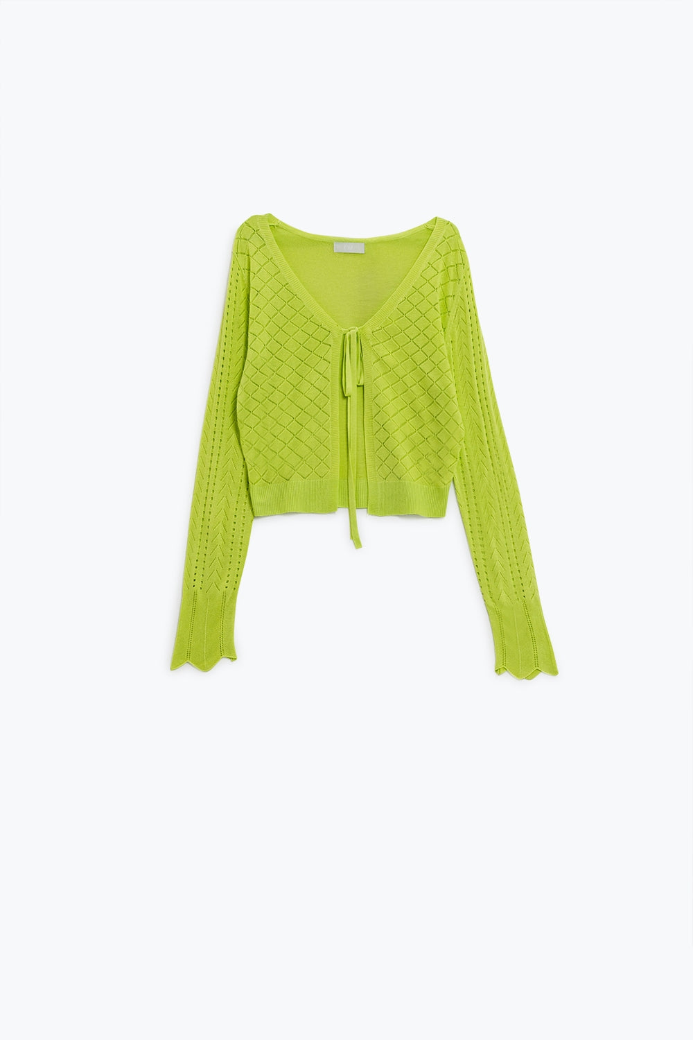 Q2 Cardigan Lime con stampa argyle e chiusura a cravatta