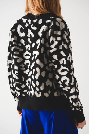 Cardigan nero con scollo a V in fantasia animalier