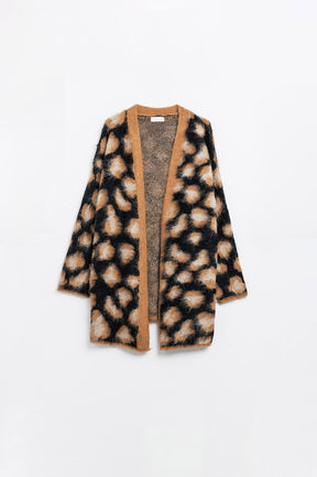 cardigan nero con stampa leopardata in tessuto lavorato a maglia con lana